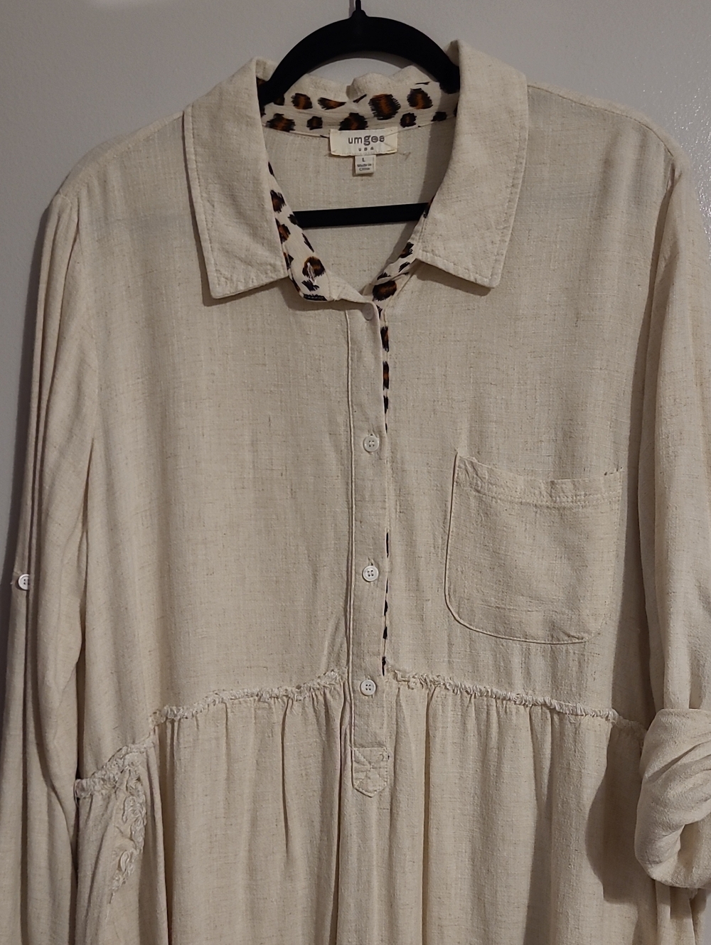 Umgee Linen Cotton Blend Leopard Cheetah Trim Frayed Oatmeal Tunic Top Sz L Boho - Picture 4 of 13